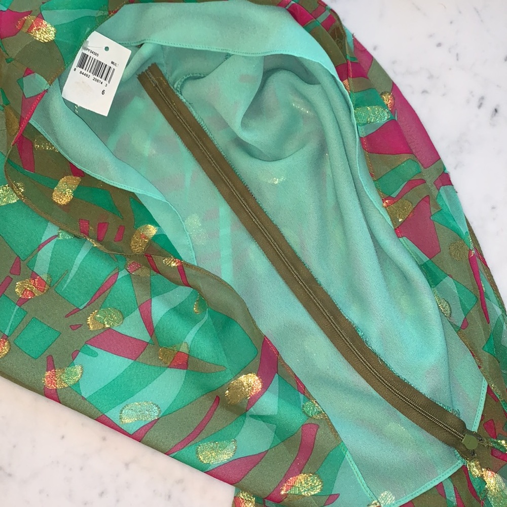 Milly New York Blouse Resort Silk Tropical Green Pink Gold Womens Size 6 - Picture 9 of 16